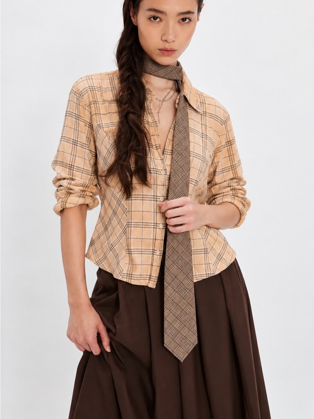 230. Vintage 💯 Linen Plaid Button-Front Shirt in Light Peach - Women Tops